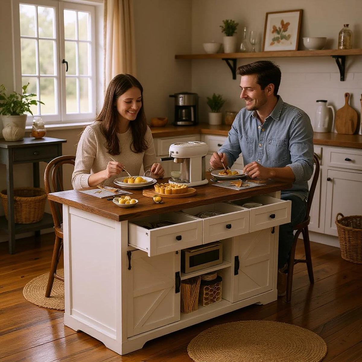 Homy Casa Farmhouse 53.7" Kitchen Island with Storage Cabinet, Sliding Barn Doors, and Wheels, White Oak