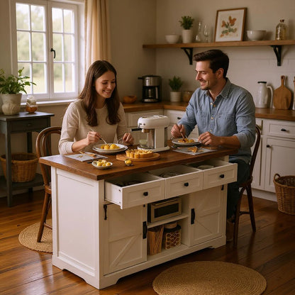Homy Casa Farmhouse 53.7" Kitchen Island with Storage Cabinet, Sliding Barn Doors, and Wheels, White Oak