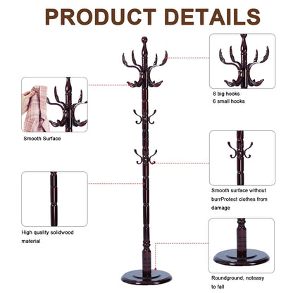 Coat Rack Freestanding, Hall Tree with 11 Hooks, Heavy Duty Wooden Coat Tree Stand, Adjustable Height, Sturdy Base for Bedroom Hallway Office - Load 270lbs