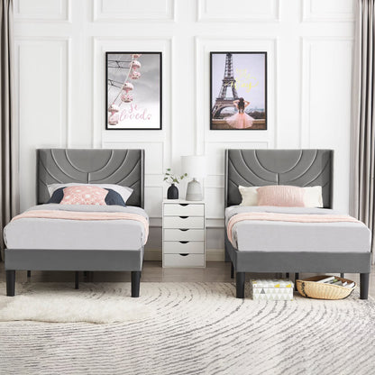 VECELO Set of 2 Twin Bed Frames, Modern Upholstered Platform Bed Frame with Tufted Headboard, No Box Spring Needed, Dark Green