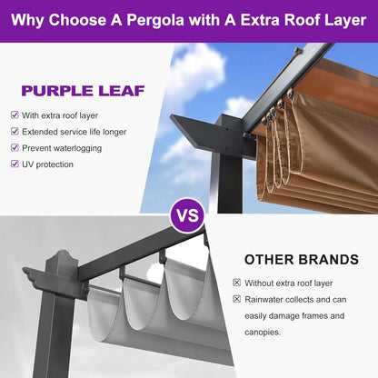 PURPLE LEAF Outdoor Retractable Pergola with Sun Shade Canopy 10' x 13' Patio Aluminum Pergola Shelter for Backyard Deck Garden Modern Metal Grape Trellis Pergola, Beige