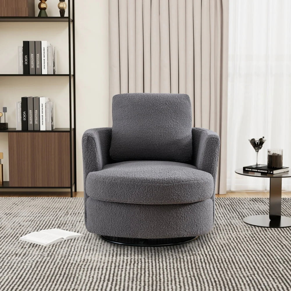 CCBUY 31.9"W Swivel Barrel Chair, Swivel Accent Chair Sherpa Chair with Plump Pillow, Comfy Round Accent Chair for Living Room, Swivel Round Chair with Detachable Cushion, Gray