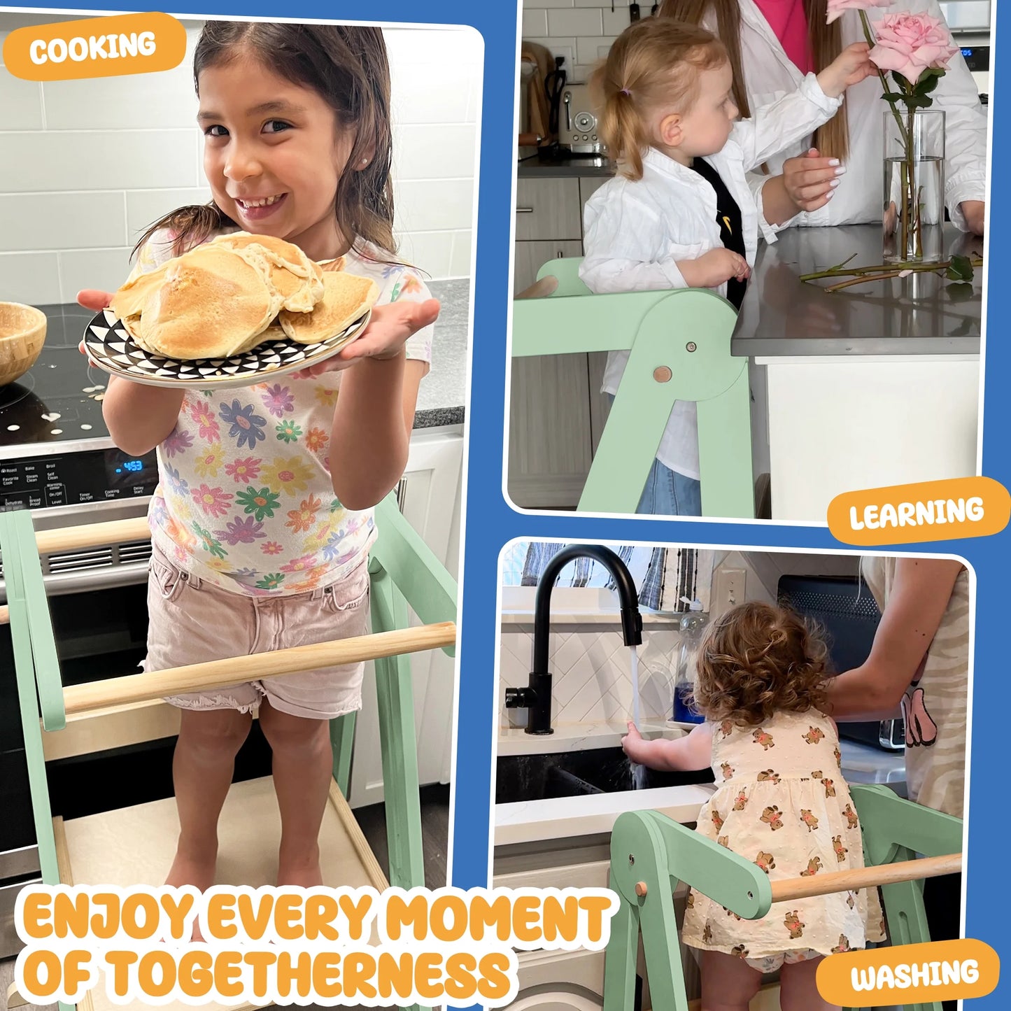 HARPPA Foldable Toddler Kitchen Tower, Standing Tower for Kids Age 1.5-6 Years, White