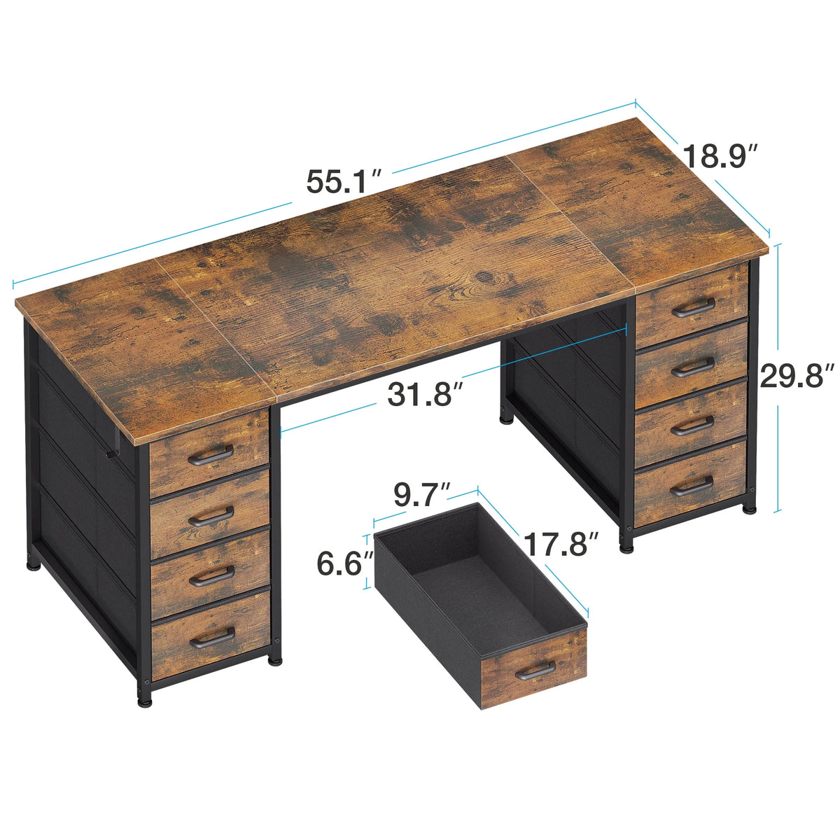 White Computer Desk with Drawers for Storage - 48 inch Home Office Desk with 8 Fabric Drawers, Writing Study Desk with Drawers on Both Sides for Bedroom