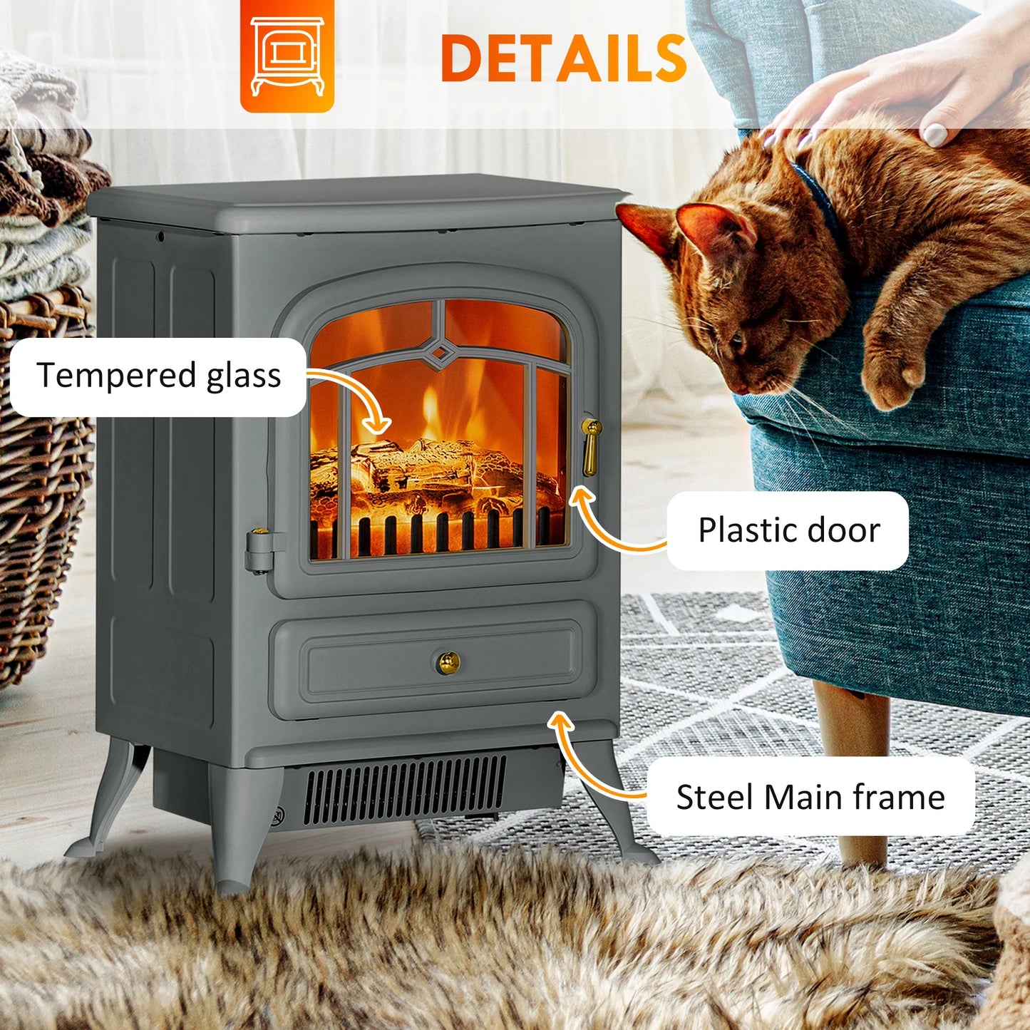 HOMCOM Electric Fireplace Heater with Realistic LED Flames Beige