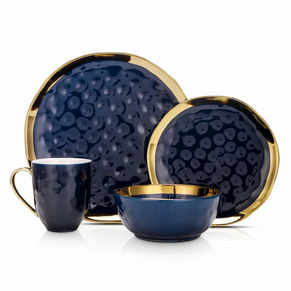 Stone Lain Florian Modern Porcelain Dish Set, 16-Piece Dishes for 4, Gold and Navy