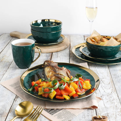 Stone Lain Florian Modern Porcelain Dish Set, 16-Piece Dishes for 4, Gold and Navy