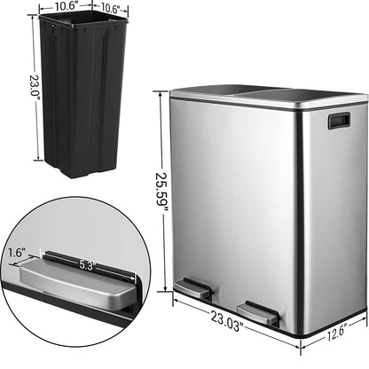 Arlopu 60 L/16 gal Dual Trash Can, Stainless Steel Garbage Can for Kitchen, Recycle Bin with Lid