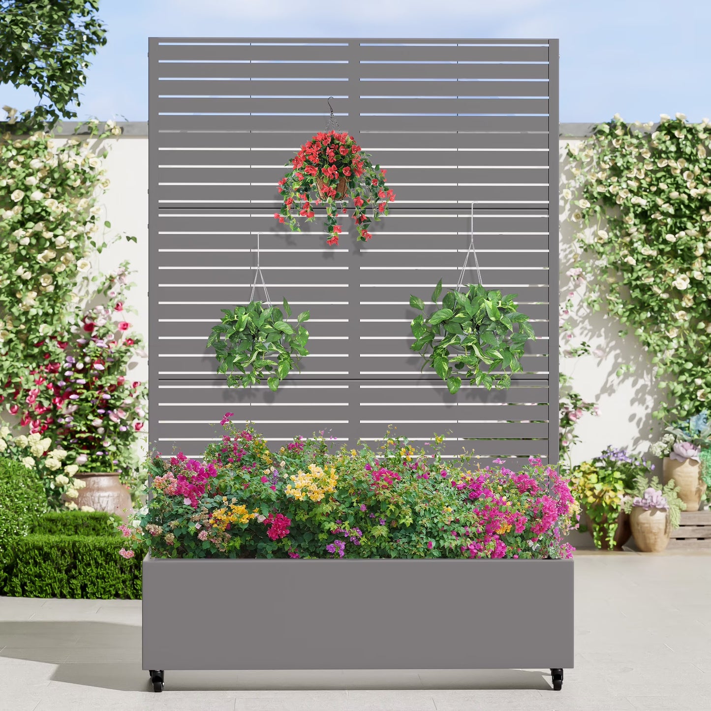 MAYEERTY 47*16*47"Outdoor White Metal Planter with Rect Louvered Climbing Trellis, Drainage hole & Wheels