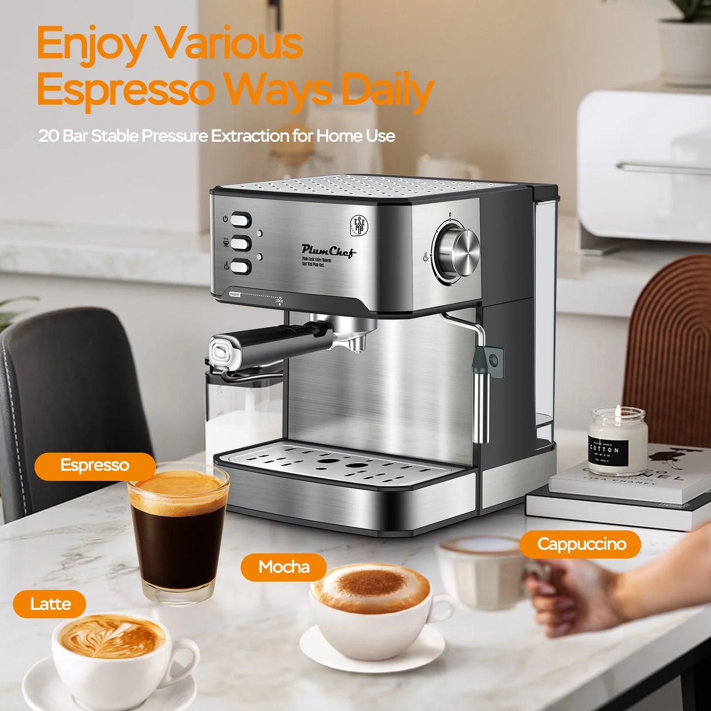 Plum Chef Espresso Machine, 20 Bar Coffee Maker with Foaming Milk Frother Wand, Espresso & Cappuccino Latte Maker Coffee Machine, 850W, 1.6L Removable Water Tank, Black&Silver