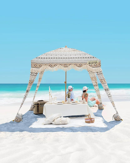 OutdoorMaster Beach Cabana with Fringe, Portable 6' x 6' Beach Canopy, Easy Set Up Beach Shelter, Included Side Wall, UPF 50+ UV Protection Sun Umbrella - for Kids, Family & Friends