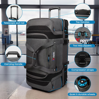 Rolling Duffle Bag with Drop Bottom,Large Wheeled Duffle Bag Luggage,Trolly Travel Bag with Roller 30 Inch,TBL074-Grey/Red