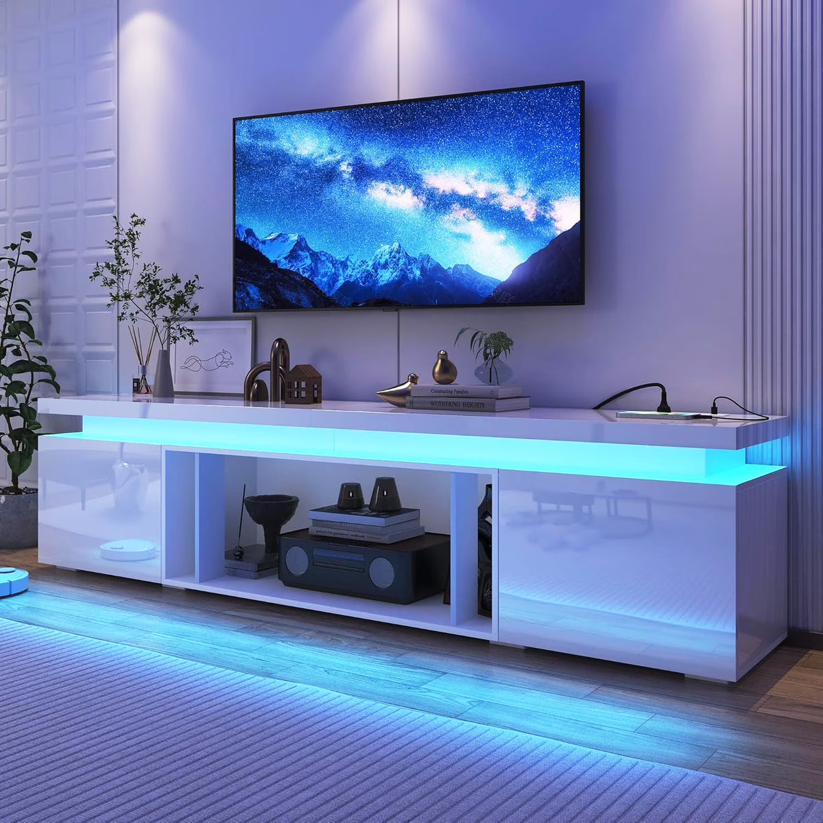 Blotout High Gloss LED TV Stand for up to 80" TVs /40" Electric Fireplace, 71" Large Entertainment Center Console Table with Power Charging Station