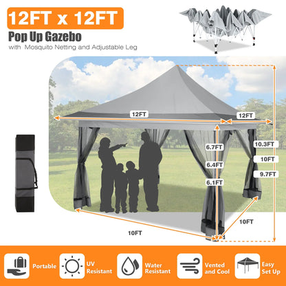 HOTEEL 12x12 EZ Pop Up Gazebo Tent with Sidewalls,Patio Gazebo Instant Shelter for Outdoor Party Camping Backyard Beach with Carry Bag,Stakes,Ropes,Gray