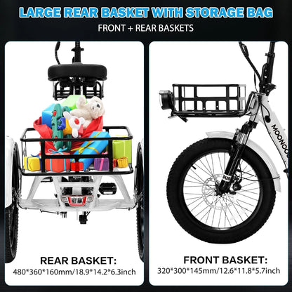 MOONCOOL TK1 Folding Electric Tricycle for Adults,48V 14.5Ah Removable battery, 500W（Peak 1000w）Motor, 20" Fat Tire Step-Thru 3Wheel Electric Bicycle w/Front&Rear Baskets, Certified to UL 2849 by SGS