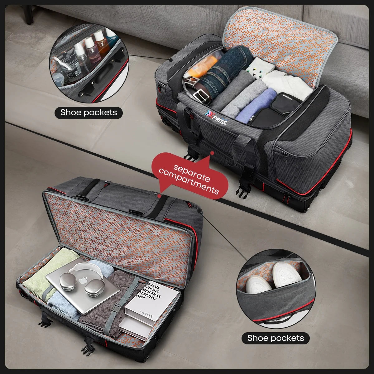 Rolling Duffle Bag with Drop Bottom,Large Wheeled Duffle Bag Luggage,Trolly Travel Bag with Roller 30 Inch,TBL074-Grey/Red