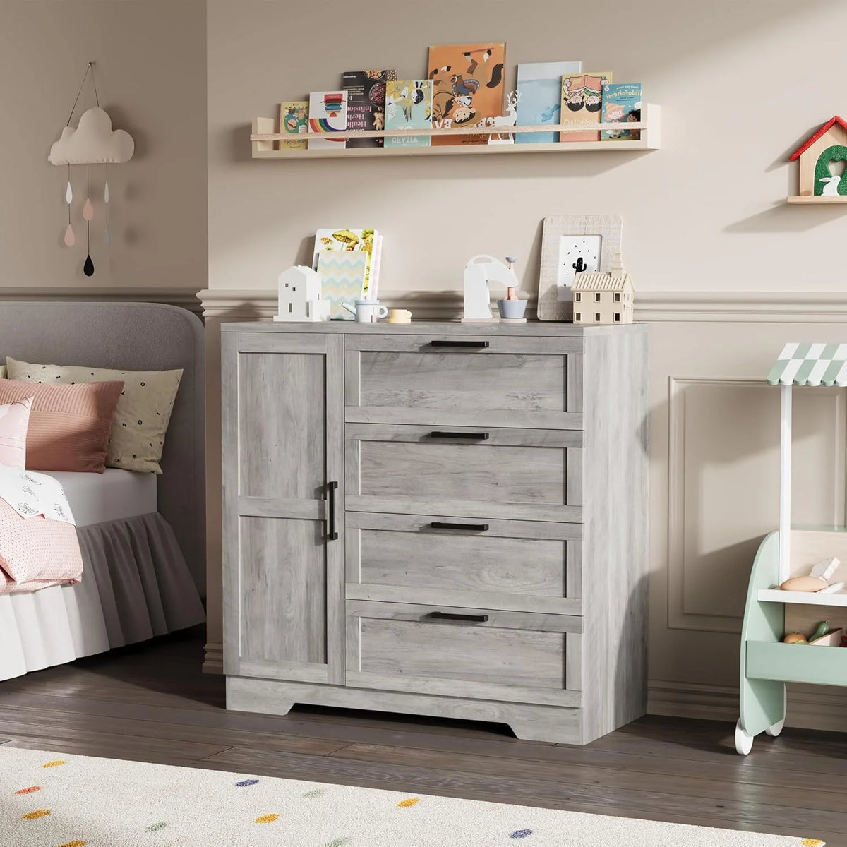 43.3" H Armoire Wardrobe Closet with 4 Drawers & Hanging Rod, Multifunctional Wood Storage Cabinet for Bedroom, Natural Oak