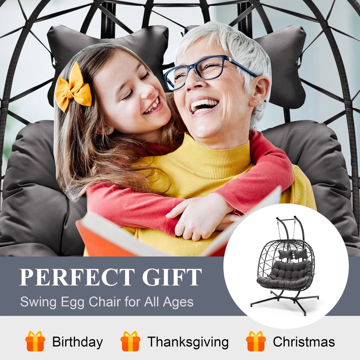 RADIATA Double Wicker Egg Swing Chair with Stand, 2-Person Hanging Egg Chair for Indoor/Outdoor, 700lbs Capacity, Thick Cushions & Headrest,Sturdy Metal Frame��Dark Gray
