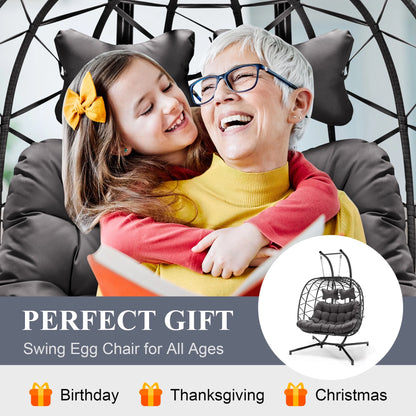 RADIATA Double Wicker Egg Swing Chair with Stand, 2-Person Hanging Egg Chair for Indoor/Outdoor, 700lbs Capacity, Thick Cushions & Headrest,Sturdy Metal Frame��Dark Gray