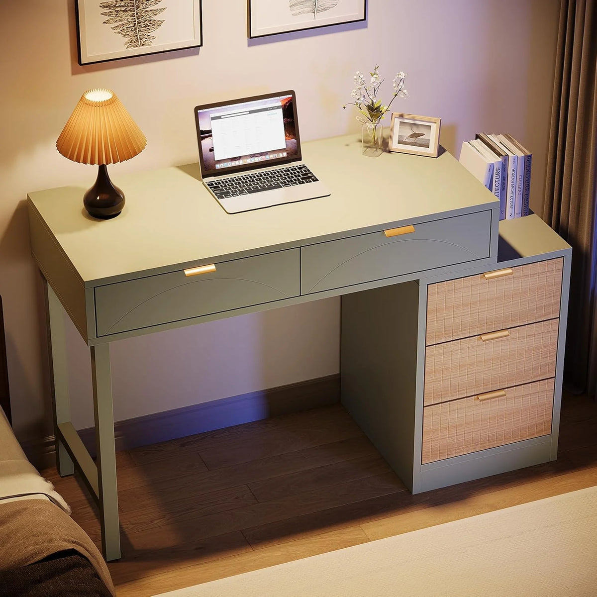 Tribesigns 39" Reversible Computer Desk with 5 Drawers, Wood Writing Desk for Home Office, Green