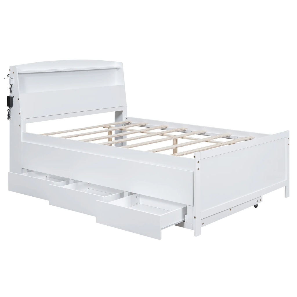 Euroco Wood Twin Size Platform Bed with Storage Headboard, Drawers Trundle and LED Light, White