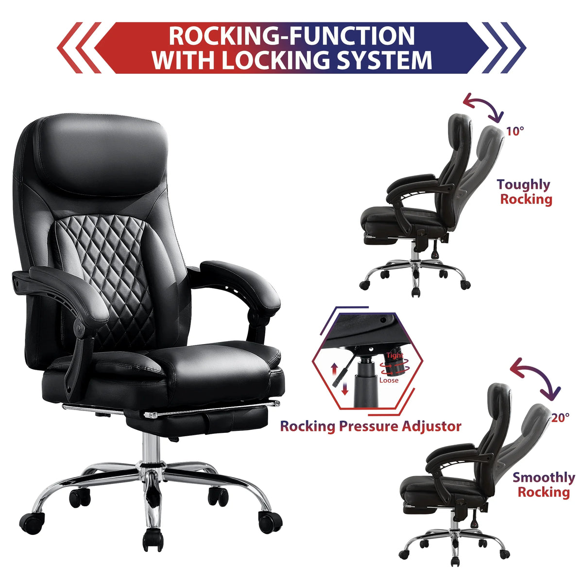 JONPONY Big and Tall Office Chair 500LBS Executive Office Chair Massage and Footrest Ergonomic Computer Desk Chair Reclining High Back Leather Office Chair Lumbar Back Support Swivel Rolling,Black
