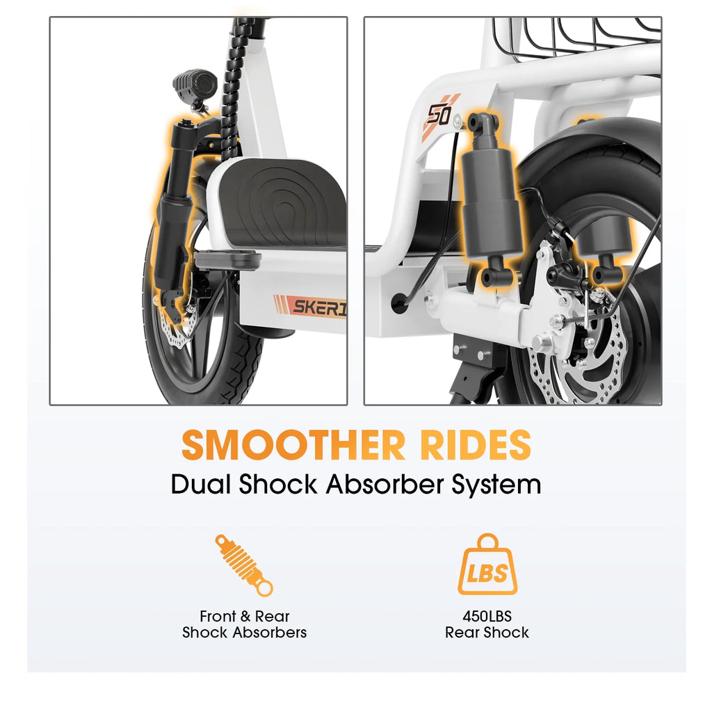 Skeri Electric Scooter with Seat for Adult and Basket, 14 Inch Tire Electric Scooter with Dual Shock Absorbers, 350W Motor with 25-Mile Range, Speed Up to 20 MPH (Gen 2.0)
