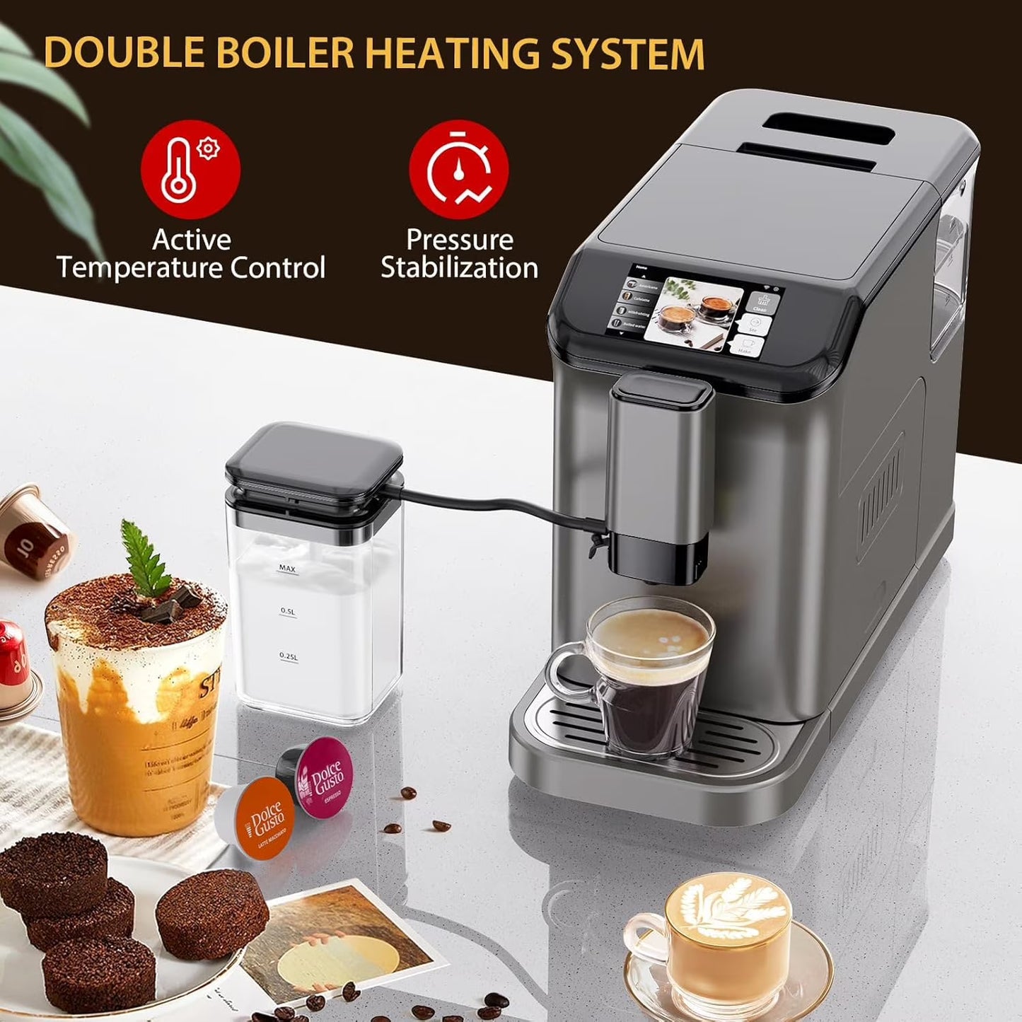 AOILE 20-Bar Dual Boiler Espresso Machine, Self-Cleaning Coffee Maker with Grinder & LCD Touch Panel