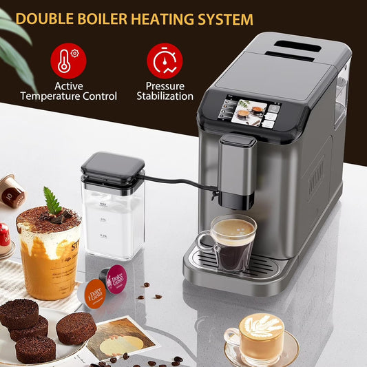 AOILE 20-Bar Dual Boiler Espresso Machine, Self-Cleaning Coffee Maker with Grinder & LCD Touch Panel
