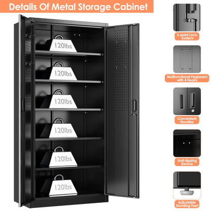 GANGMEI 72 Inches Tall Metal Garage Storage Cabinets with 5 Adjustable Shelves, Lockable Steel Black Storage Cabinet with Doors for Office, Home, School, Shops, Garage, Assembly required