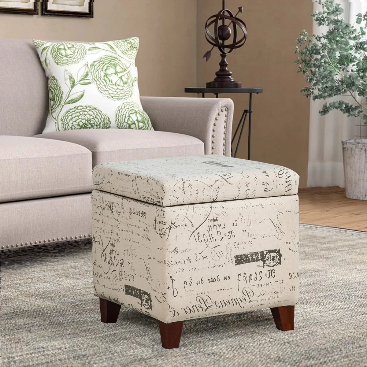 Homebeez Printed Linen Cube Storage Ottoman with Solid Wood Legs, Cube Footstool, Storage Cabinet, 18" H Weight Capacity 300LB Blue