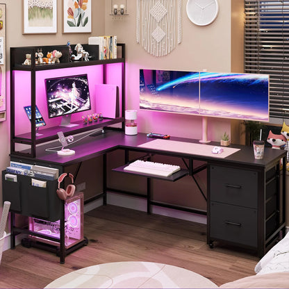 L Shaped Computer Desk with Power Outlet and LED Strip, Reversible Corner Gaming Desk with 2 Drawer and Keyboard Tray, Black