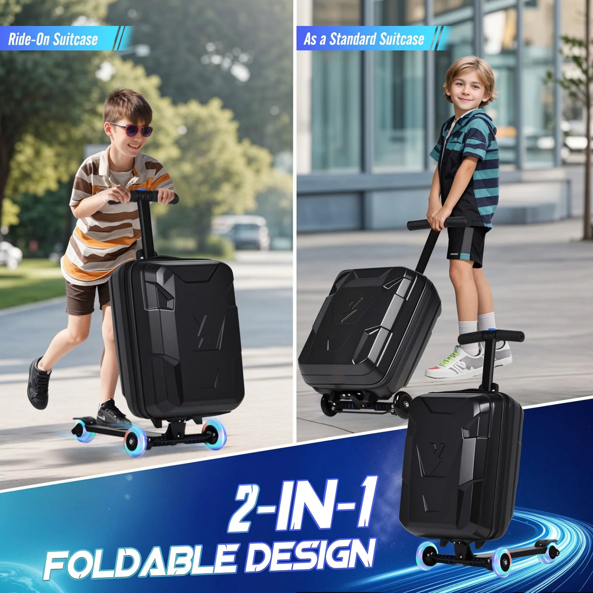 Advwin Ride-On Scooter Suitcase with LED Light-up Wheels, Hardshell Lightweight Foldable Rideable Luggage for Kids & Adults, Silver