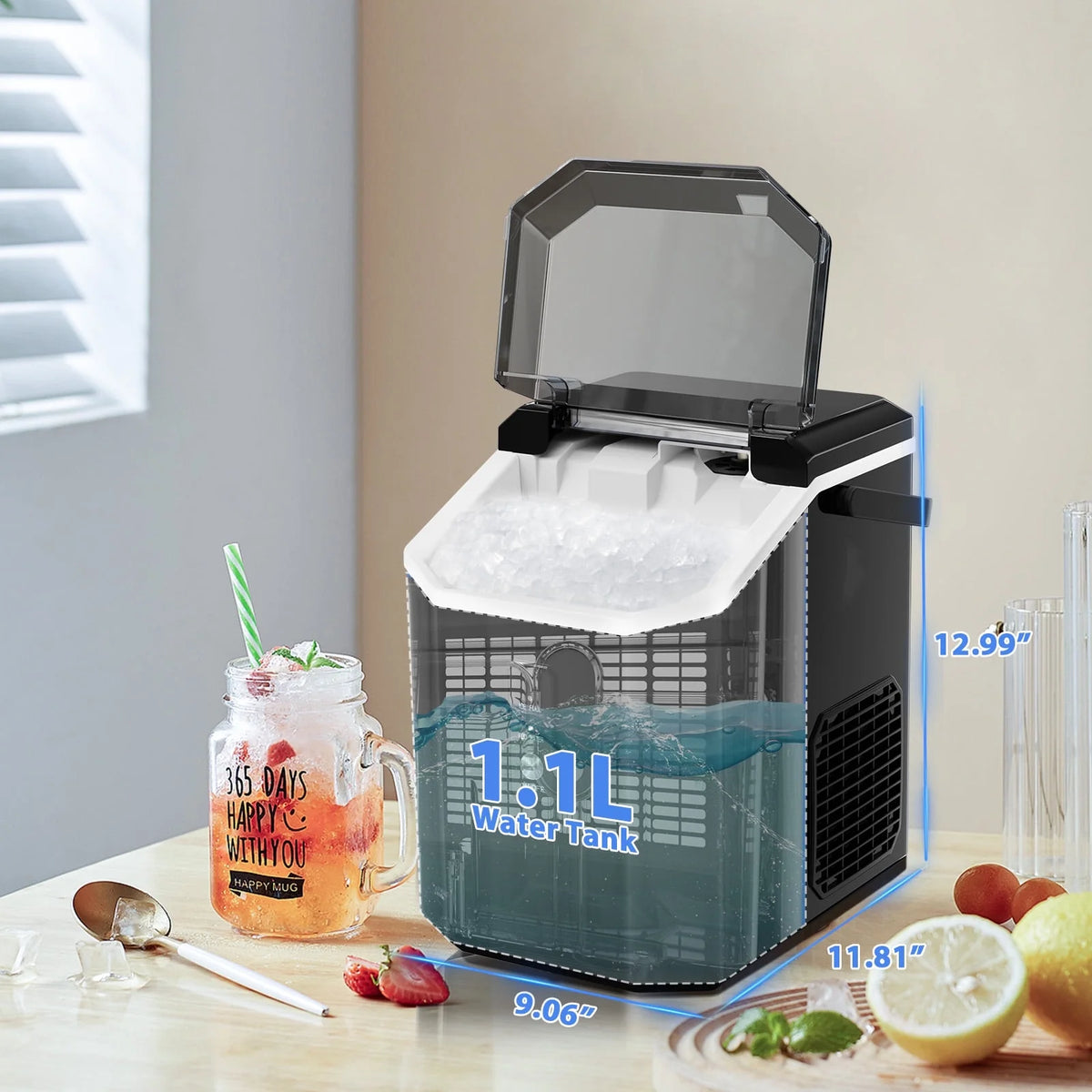 Auseo SS Nugget Countertop Ice Maker with Soft Chewable Ice, 35Lbs/24H, Self-Cleaning, Ice Scoop, Stainless Steel Silver, for Kitchen/Office/Party