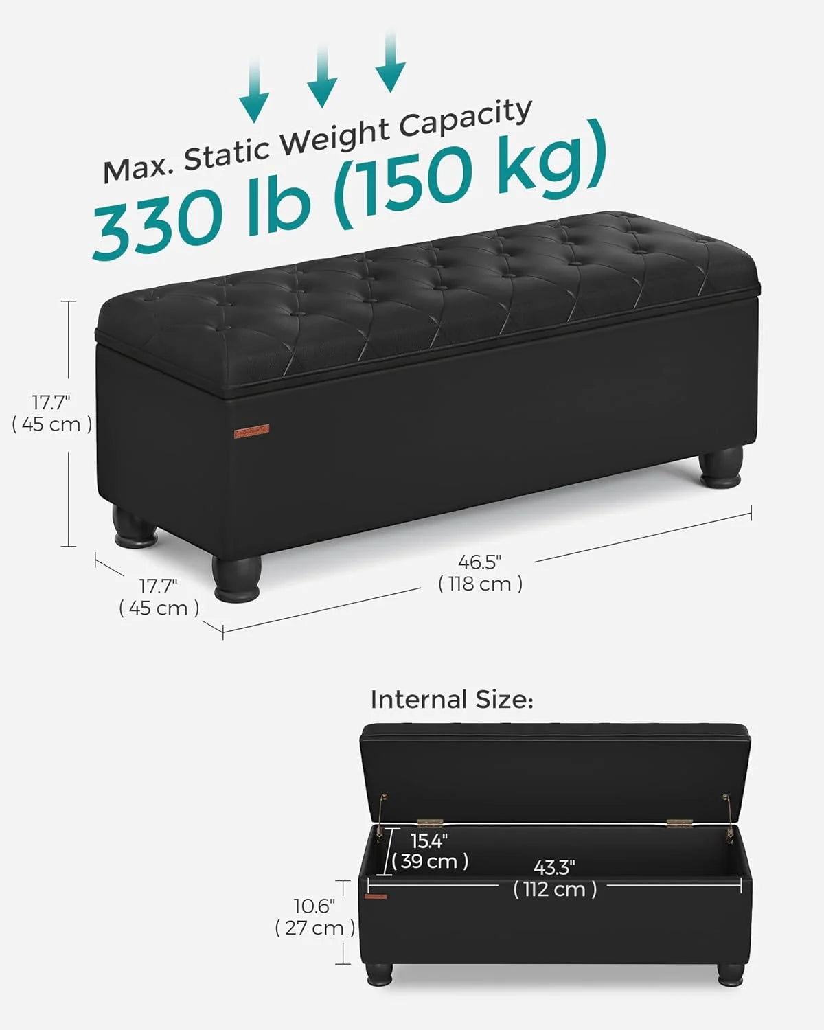 SONGMICS 46.5" Storage Ottoman Bench Storage Bench Bedroom Bench 330lb Load Capacity Solid Wood Legs Light Gray