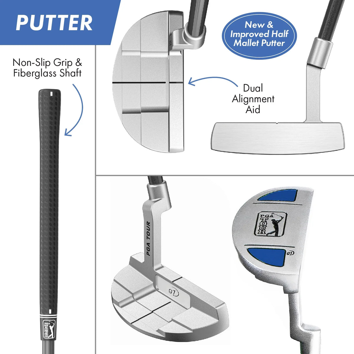 PGA Tour Right-Handed 10 Piece Kids Golf Club Stand Bag Set; Player Height 4'8 - 5'2", Ages 8-12