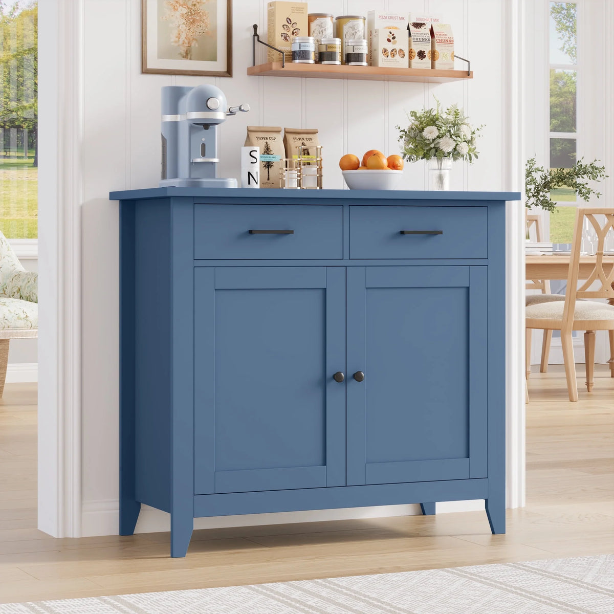 Homfa Entryway Cabinet, Kitchen Storage Cabinet, Farmhouse Buffet Sideboard with 2 Drawers and 2 Doors,Coffee Bar with Storage for Dining Room Living Room,White