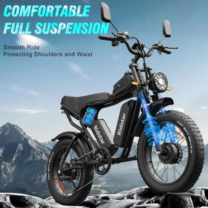 Ridstar Electric Bike for Adults Q20,1200W 30MPH,48V 15.6Ah Electric Bicycle,7 Speed Full Suspension Mountain Bike UL2849