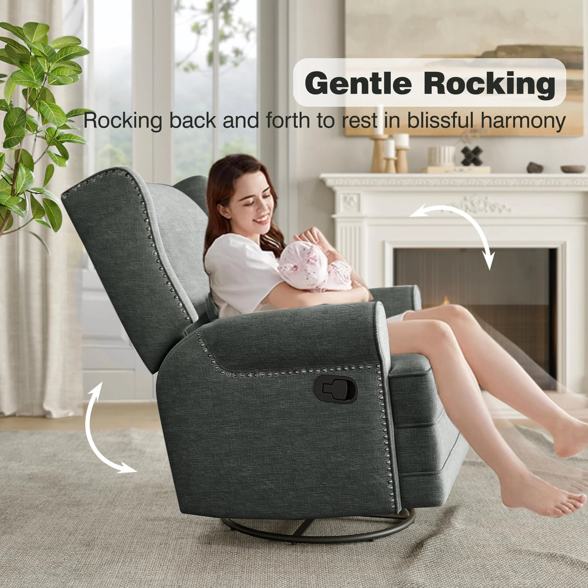 Royalcraft Swivel Nursery Glider Recliner, Comfy Upholstered Glider Chair with Lumbar Pillow and Footrest, Beige