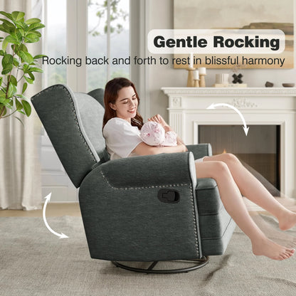 Royalcraft Swivel Nursery Glider Recliner, Comfy Upholstered Glider Chair with Lumbar Pillow and Footrest, Beige