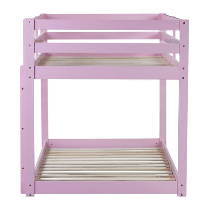 Twin Over Twin Floor Bunk Bed, UHOMEPRO Solid Wood Low Bunk Bed with Safety Rail, Ladder, Heavy Duty Bunk Beds, Space-Saving Bedroom Dorm Furniture, Gray