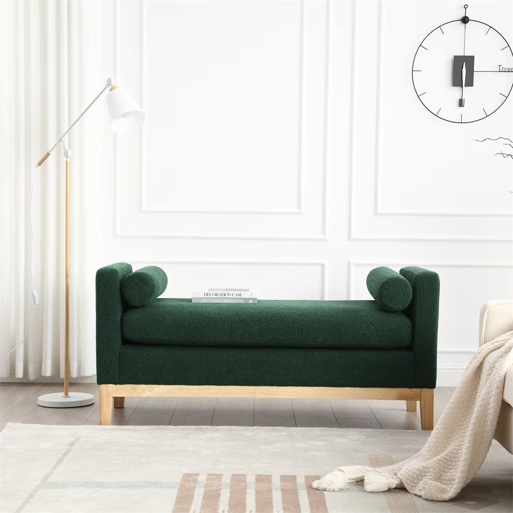 53.5"W Elegant Upholstered Bench with Wood Legs & Round Pillows,Comfy Boucle Fabric Footrest with Arms, Entryway Bench for End of Bed, Bedroom and Living Room, Ivory