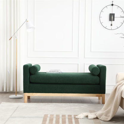 53.5"W Elegant Upholstered Bench with Wood Legs & Round Pillows,Comfy Boucle Fabric Footrest with Arms, Entryway Bench for End of Bed, Bedroom and Living Room, Ivory