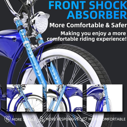Twenty5 GT 800W Chopper Stretch Cruiser Ebike, 26" Wheels, Supsension Triple Tree Fork, White Wall Tire, Disc Brake, for Men, Blue