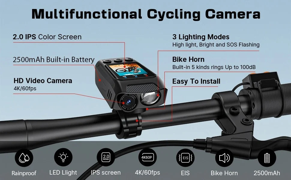 4K Motorcycle Camera with Light and Horn, Cycling Dash Cam with 6-Axis Stabilization, Night Vision, Waterproof, 128G Support