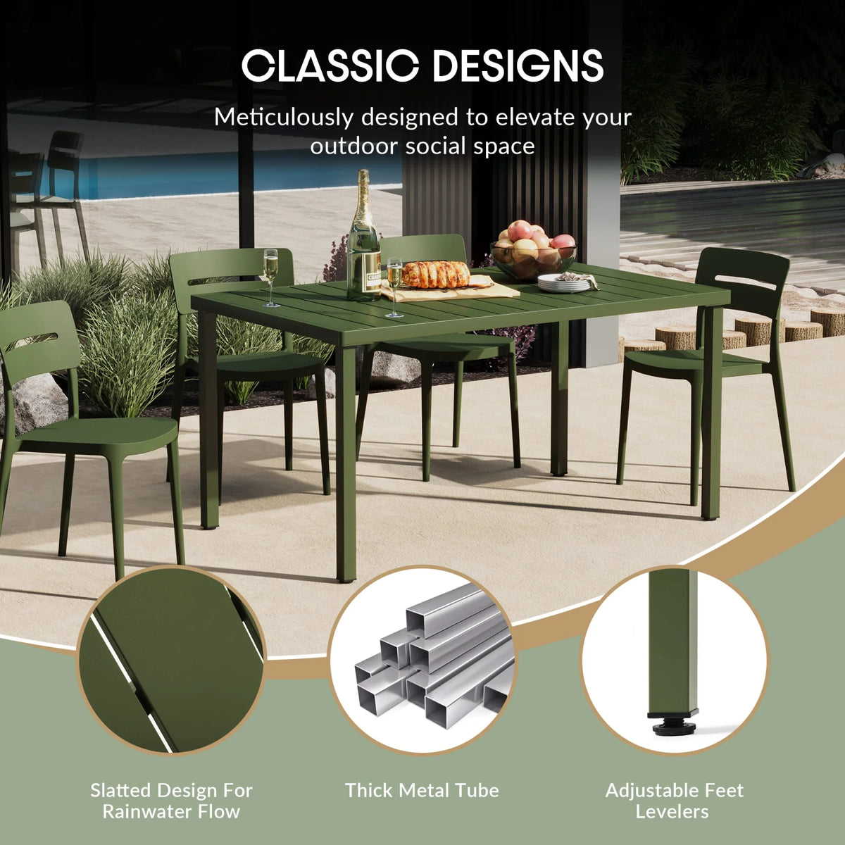 WestinTrends Playa 59" Iron Metal Outdoor Rectangular Patio Dining Table For 6, Olive Green