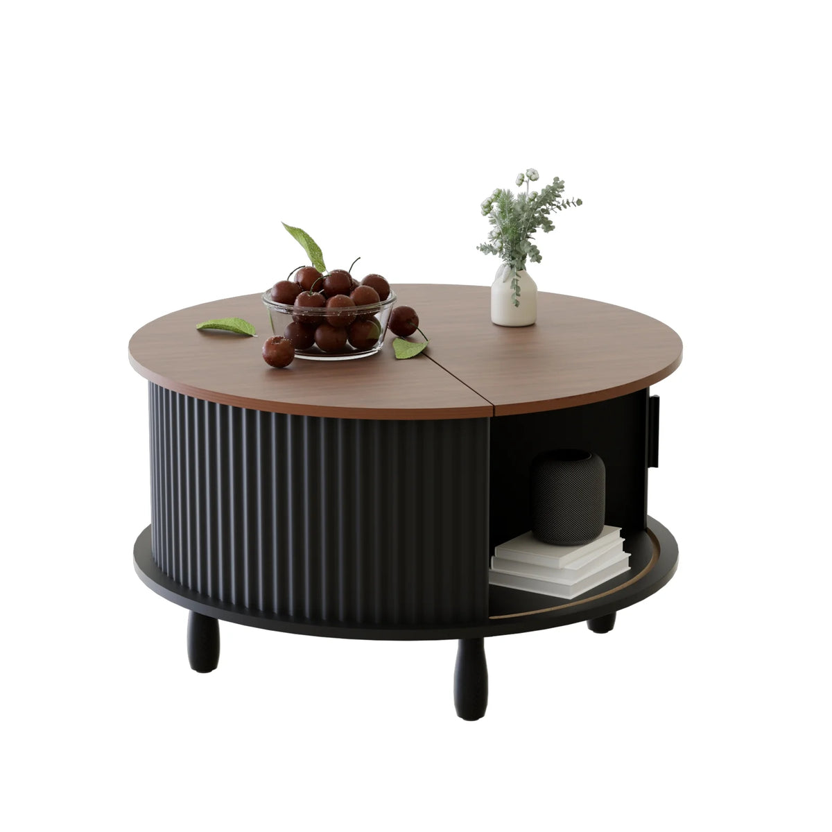 RUMLIVE Round Coffee Table with Storage, 30.7" Modern Coffee Table with 360�� Curved Sliding Door, Fluted Wood Coffee Table with Footpads, Round Center Table for Living Room, Black