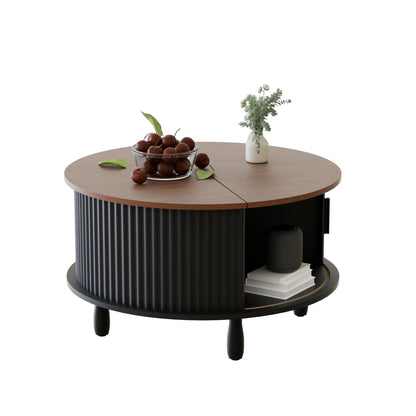 RUMLIVE Round Coffee Table with Storage, 30.7" Modern Coffee Table with 360�� Curved Sliding Door, Fluted Wood Coffee Table with Footpads, Round Center Table for Living Room, Black