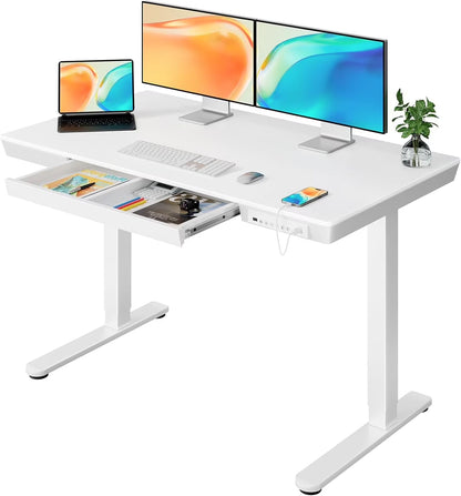 CHITOOMA Glass Top Electric Standing Desk with Drawer, 48'' x 24'' Electric Height Adjustable Desk with USB Charging Ports, Sit Stand up for Home Office