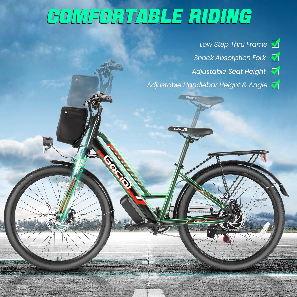 Gocio 26" Electric Bike for Adults, 500W Electric Cruiser Bike, 48V/7.8Ah Removable Battery, 7 Speed, City Commuting E-bike, UL2849